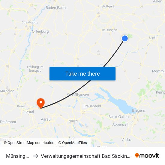 Münsingen to Verwaltungsgemeinschaft Bad Säckingen map