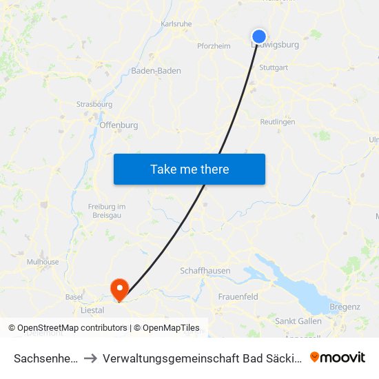 Sachsenheim to Verwaltungsgemeinschaft Bad Säckingen map