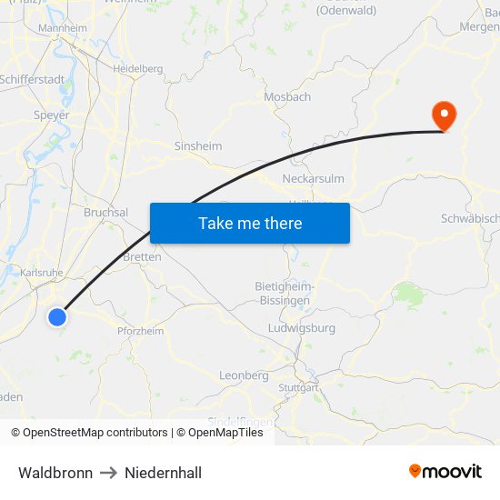 Waldbronn to Niedernhall map