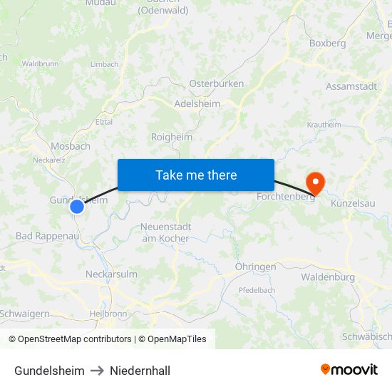 Gundelsheim to Niedernhall map