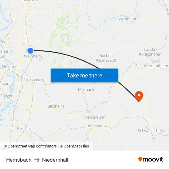 Hemsbach to Niedernhall map