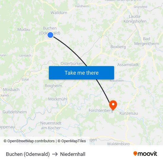 Buchen (Odenwald) to Niedernhall map