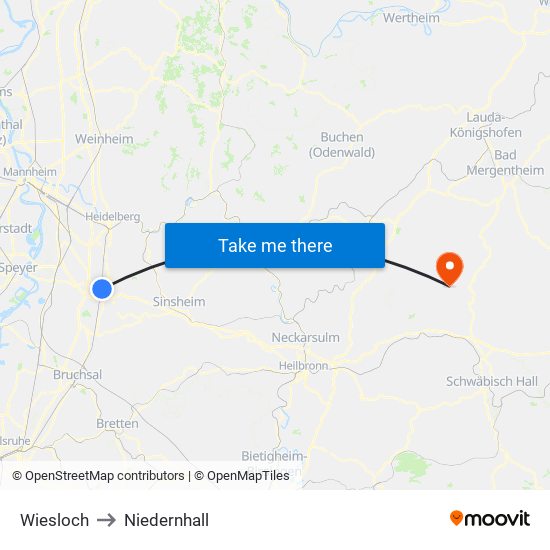 Wiesloch to Niedernhall map