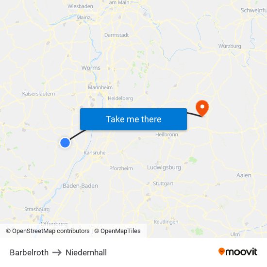 Barbelroth to Niedernhall map