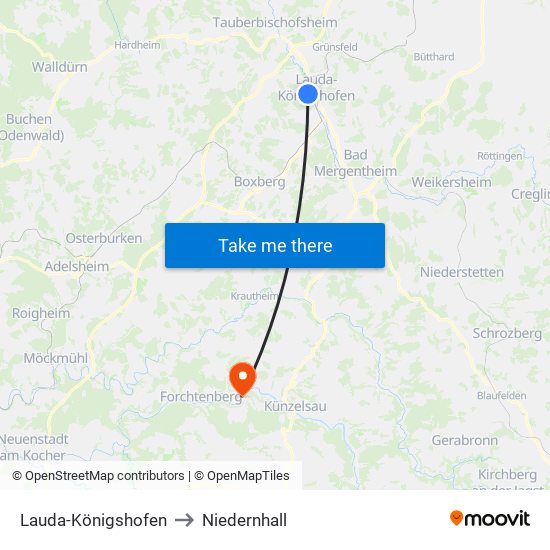 Lauda-Königshofen to Niedernhall map