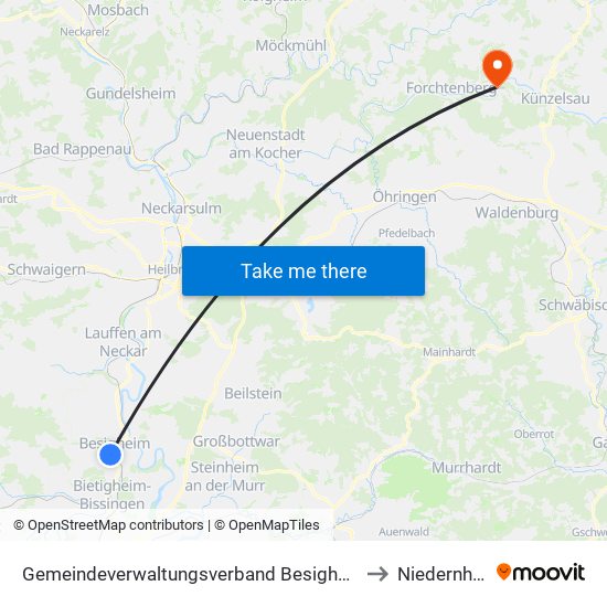 Gemeindeverwaltungsverband Besigheim to Niedernhall map