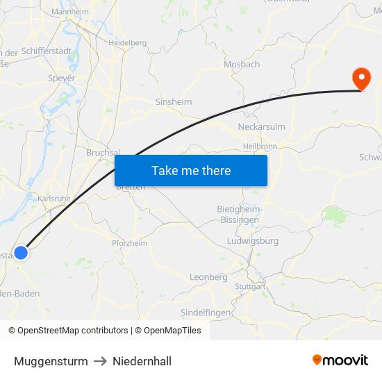 Muggensturm to Niedernhall map