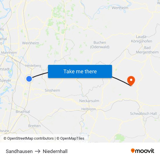 Sandhausen to Niedernhall map