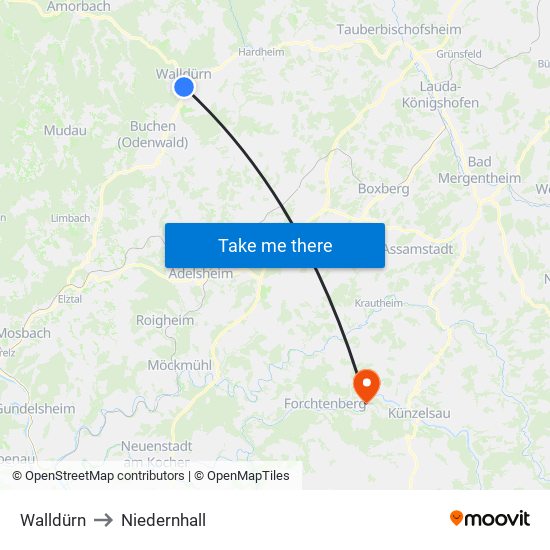 Walldürn to Niedernhall map