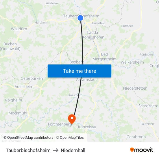 Tauberbischofsheim to Niedernhall map