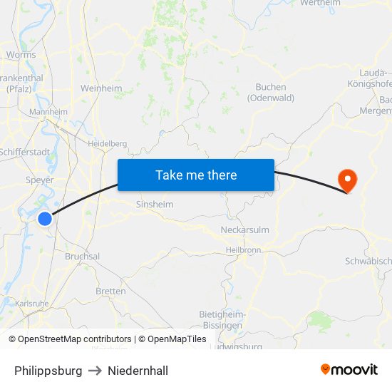 Philippsburg to Niedernhall map