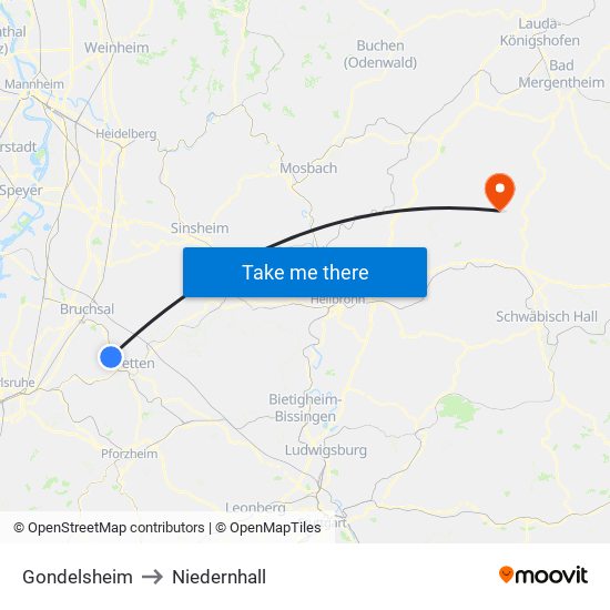 Gondelsheim to Niedernhall map