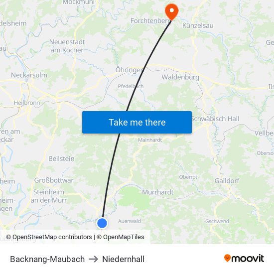 Backnang-Maubach to Niedernhall map