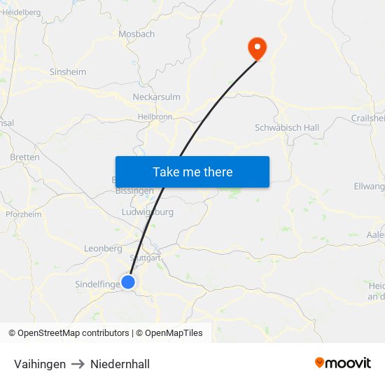 Vaihingen to Niedernhall map