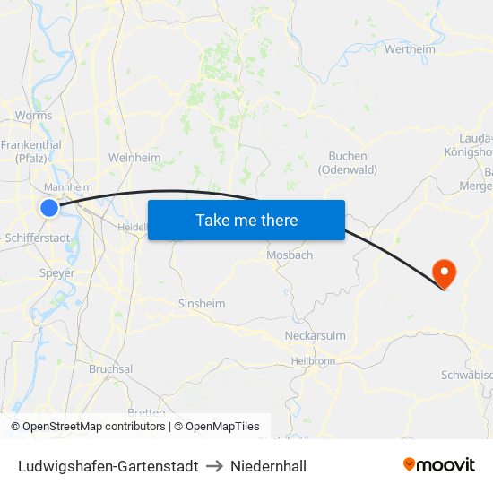 Ludwigshafen-Gartenstadt to Niedernhall map