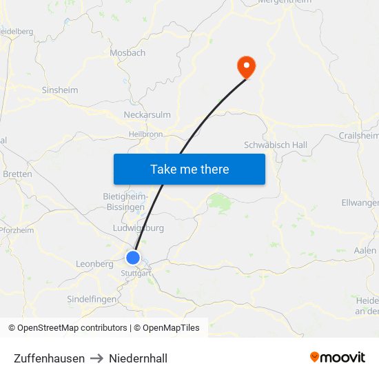 Zuffenhausen to Niedernhall map