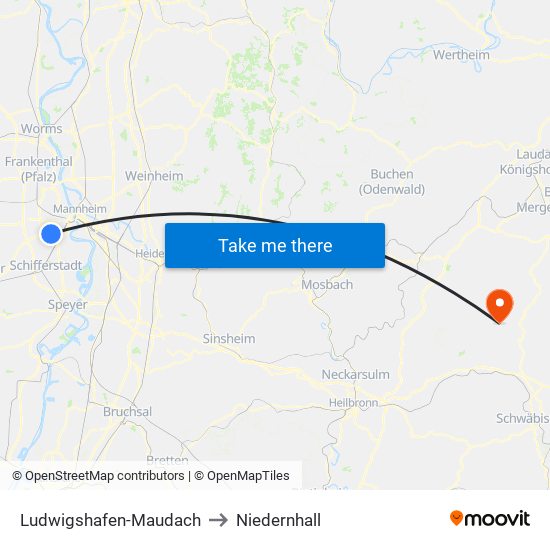 Ludwigshafen-Maudach to Niedernhall map