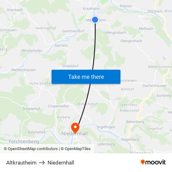 Altkrautheim to Niedernhall map