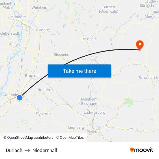 Durlach to Niedernhall map