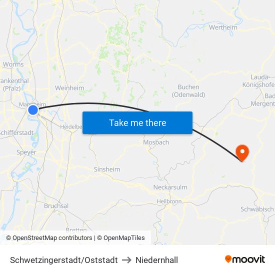 Schwetzingerstadt/Oststadt to Niedernhall map