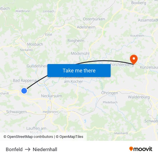 Bonfeld to Niedernhall map