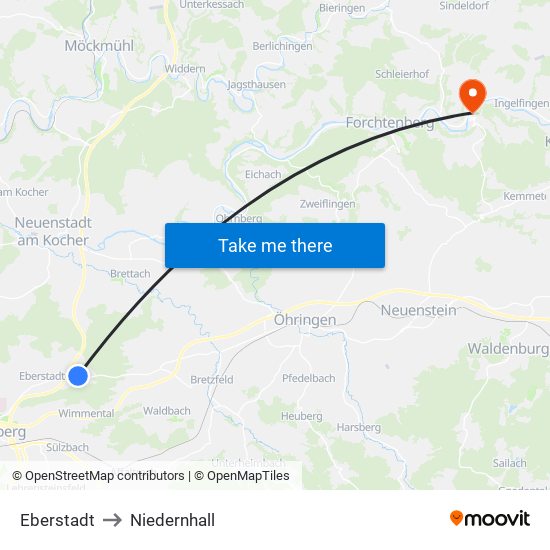 Eberstadt to Niedernhall map