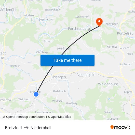 Bretzfeld to Niedernhall map