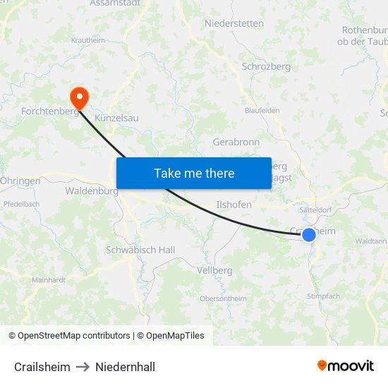 Crailsheim to Niedernhall map