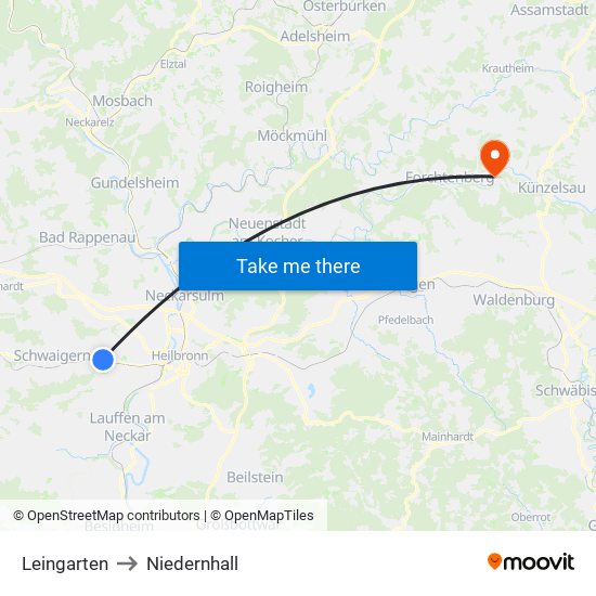 Leingarten to Niedernhall map