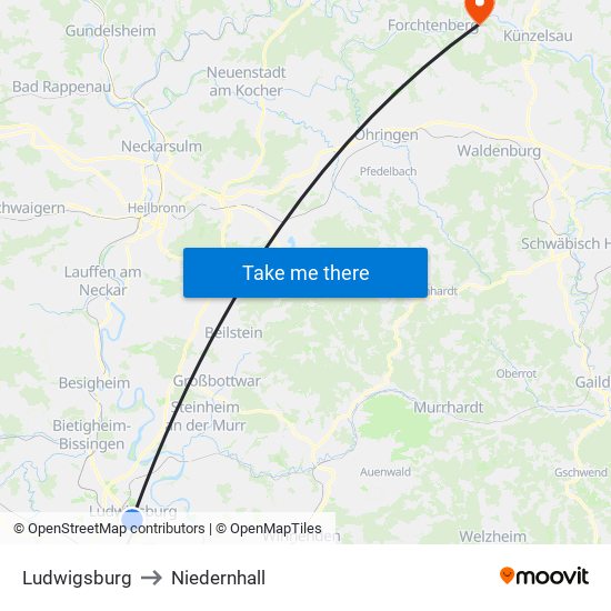 Ludwigsburg to Niedernhall map