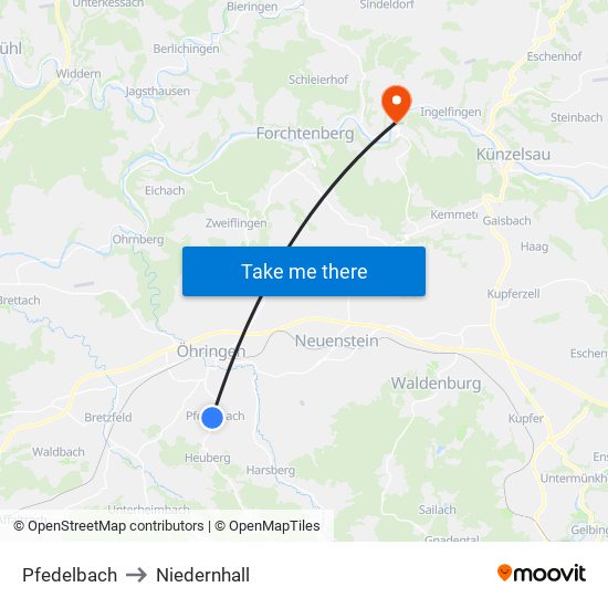 Pfedelbach to Niedernhall map