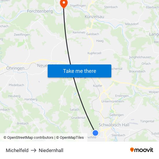 Michelfeld to Niedernhall map