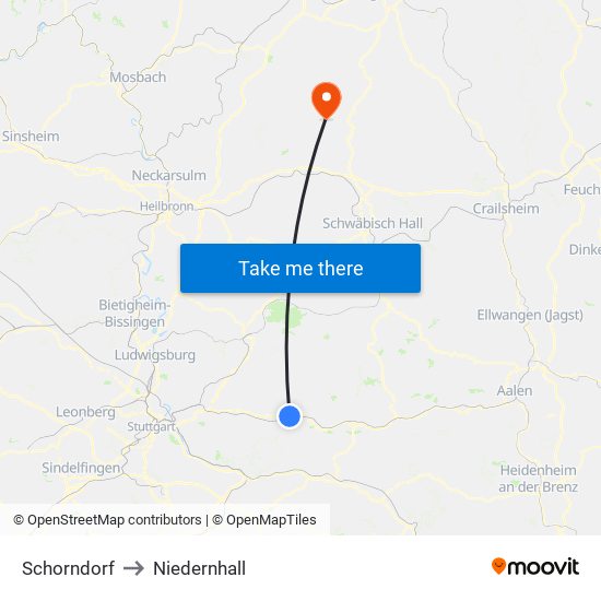 Schorndorf to Niedernhall map