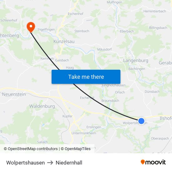 Wolpertshausen to Niedernhall map