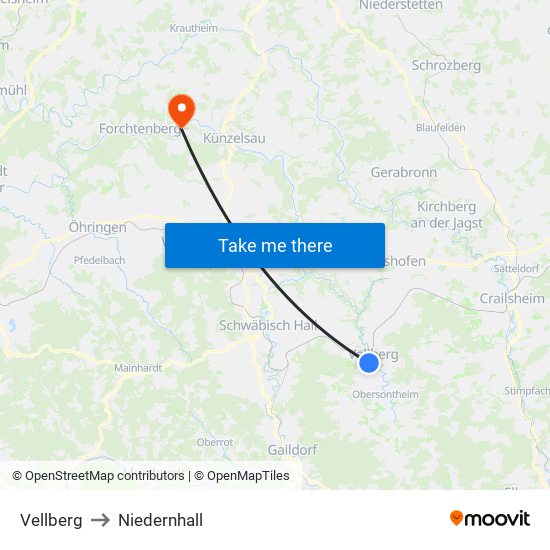 Vellberg to Niedernhall map