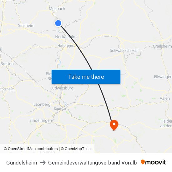 Gundelsheim to Gemeindeverwaltungsverband Voralb map