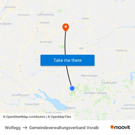 Wolfegg to Gemeindeverwaltungsverband Voralb map