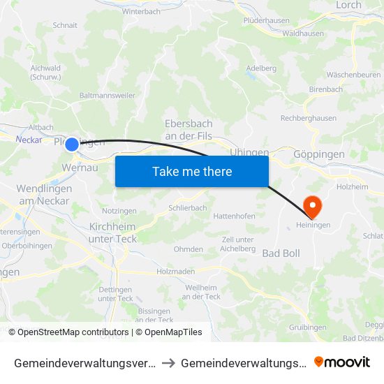 Gemeindeverwaltungsverband Plochingen to Gemeindeverwaltungsverband Voralb map