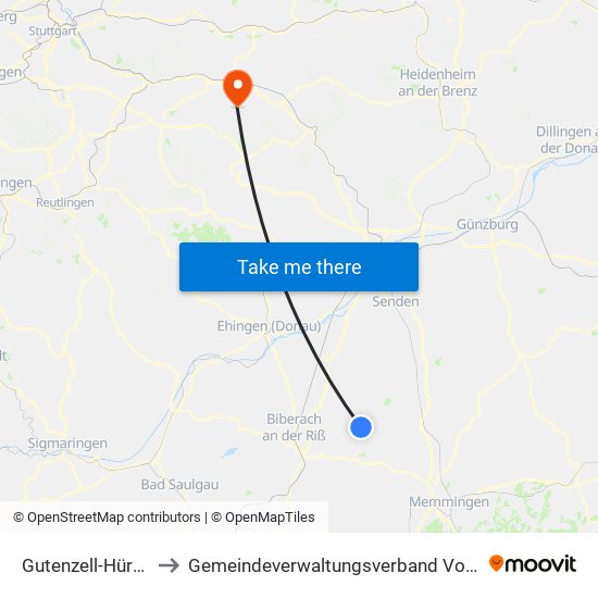Gutenzell-Hürbel to Gemeindeverwaltungsverband Voralb map