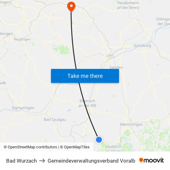 Bad Wurzach to Gemeindeverwaltungsverband Voralb map