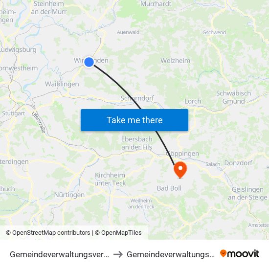 Gemeindeverwaltungsverband Winnenden to Gemeindeverwaltungsverband Voralb map
