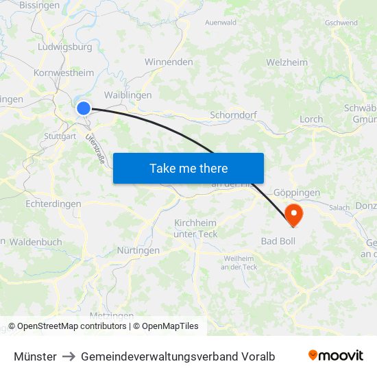 Münster to Gemeindeverwaltungsverband Voralb map