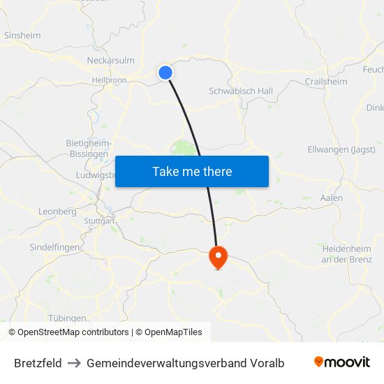 Bretzfeld to Gemeindeverwaltungsverband Voralb map