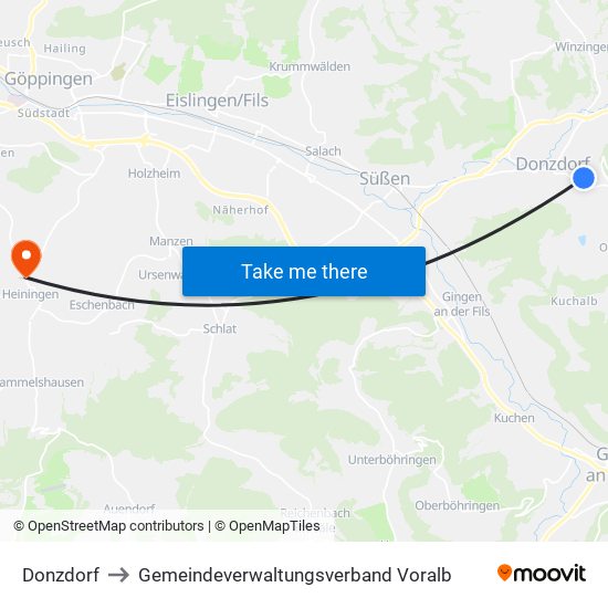 Donzdorf to Gemeindeverwaltungsverband Voralb map