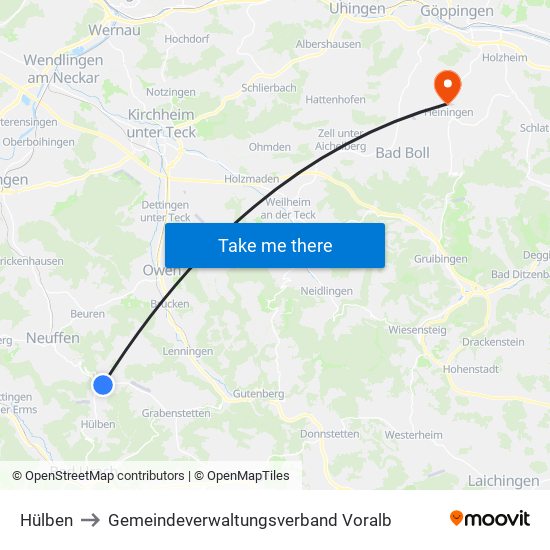 Hülben to Gemeindeverwaltungsverband Voralb map