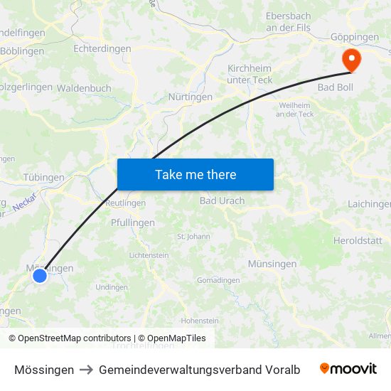 Mössingen to Gemeindeverwaltungsverband Voralb map