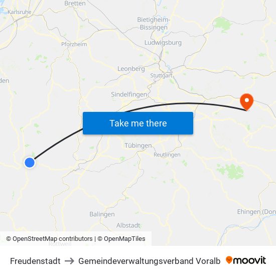 Freudenstadt to Gemeindeverwaltungsverband Voralb map