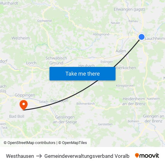 Westhausen to Gemeindeverwaltungsverband Voralb map
