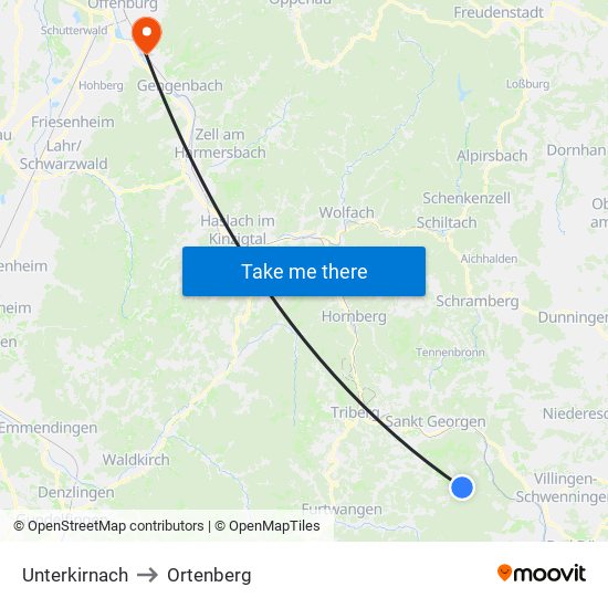 Unterkirnach to Ortenberg map