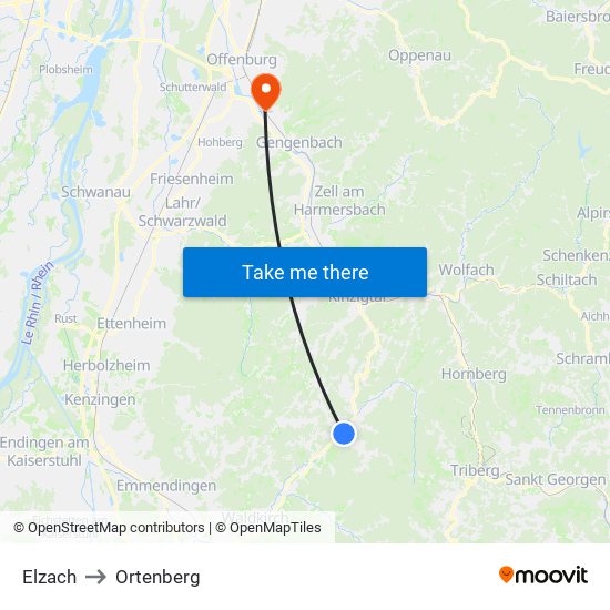 Elzach to Ortenberg map